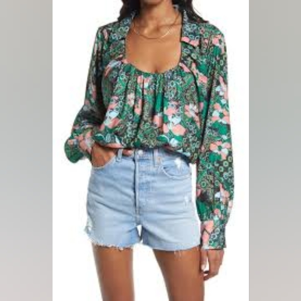 Free People - Sage Floral Print U-neck Top In Emerald Combo - Size Medium